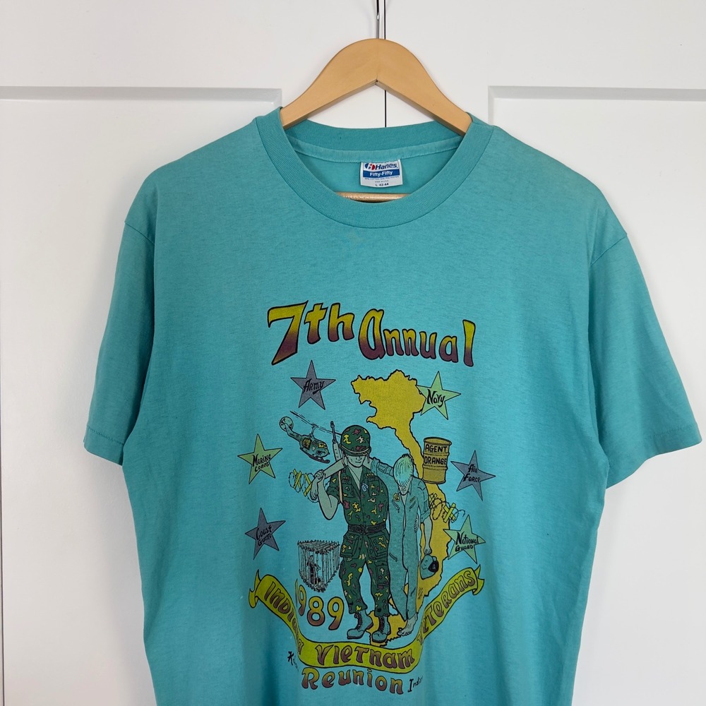 Mens Hanes T-Shirt L Teal Vintage 1989 Vietnam Veterans Reunion Single Stitch
